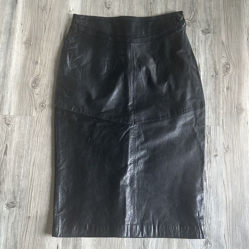 Vintage 90s Suzanne Genuine Leather Black Midi Skirt Made In USA Size Medium